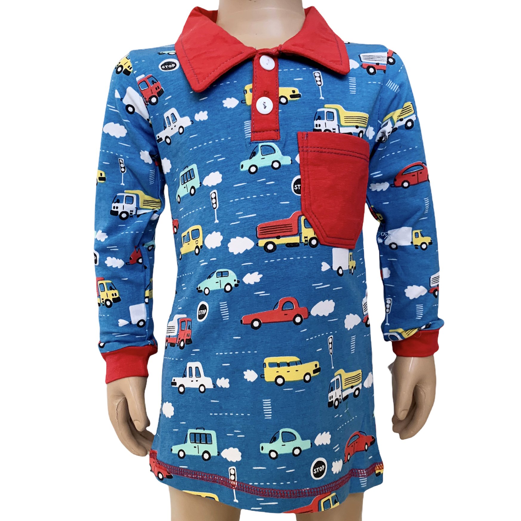 AnnLoren Toddler & Big Boys Long Sleeve Polo Shirt featuring a red collar, pocket, and colorful automobile print with cars, trucks, and buses.